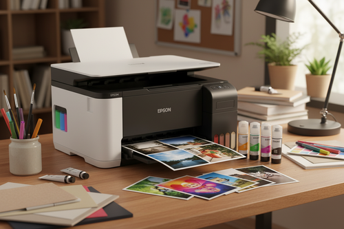 EPSON EcoTank printer in creative workspace